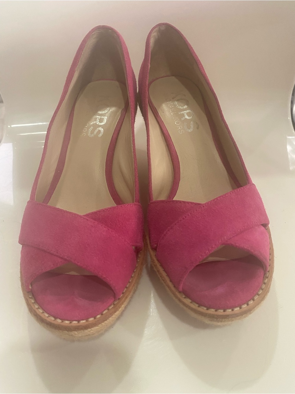 Michael Kors Fuchsia Suede Peep-Toe Wedge Sandals - Picture 1 of 2